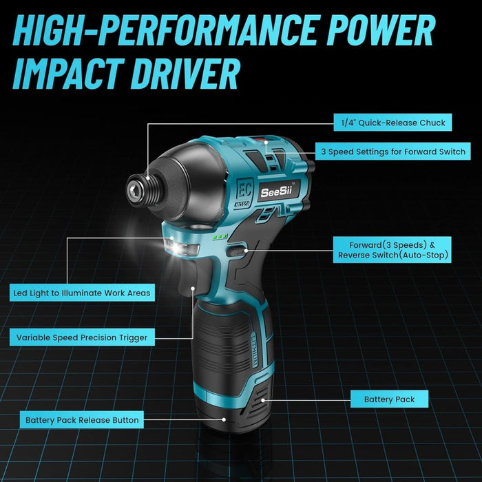 Seesii QH140 16V Cordless Impact Driver Max Torque 1240 In-lbs,Two 2.0Ah Battery - impact wrench-SeeSii