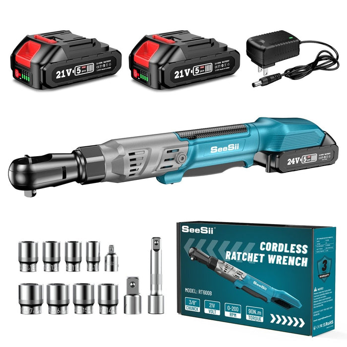 Seesii RT600B 3/8" Cordless Ratchet Wrench, 66Ft - lbs 200RPM Ratchet Wrench, 2 * 21V Rechargeable Power Electric Ratchet Driver with Variable Speed - ratchet wrench - SeeSii