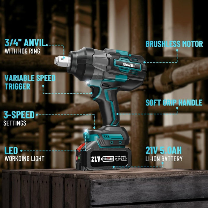Seesii WH1000 3/4‘’ 1600N.m Cordless Impact Wrench, 5.0Ah Battery, Brushless Motor, LED Light, 24x7 Customer Support - impact wrench - SeeSii