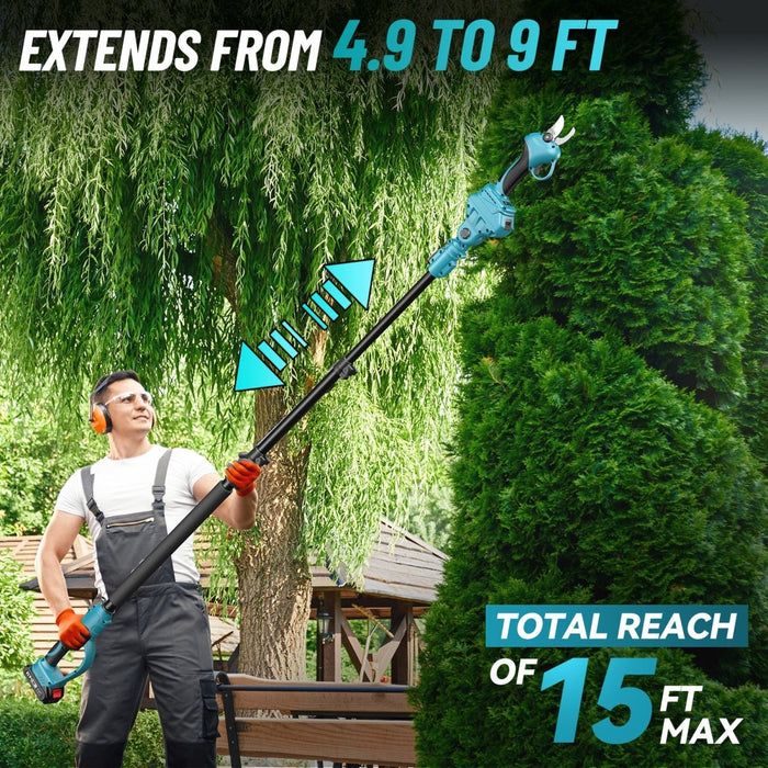 Seesii 2-IN-1 Battery Powered Pruning Shears, 15-Ft MAX Reach Pole Pruners - Pruning Shears-SeeSii